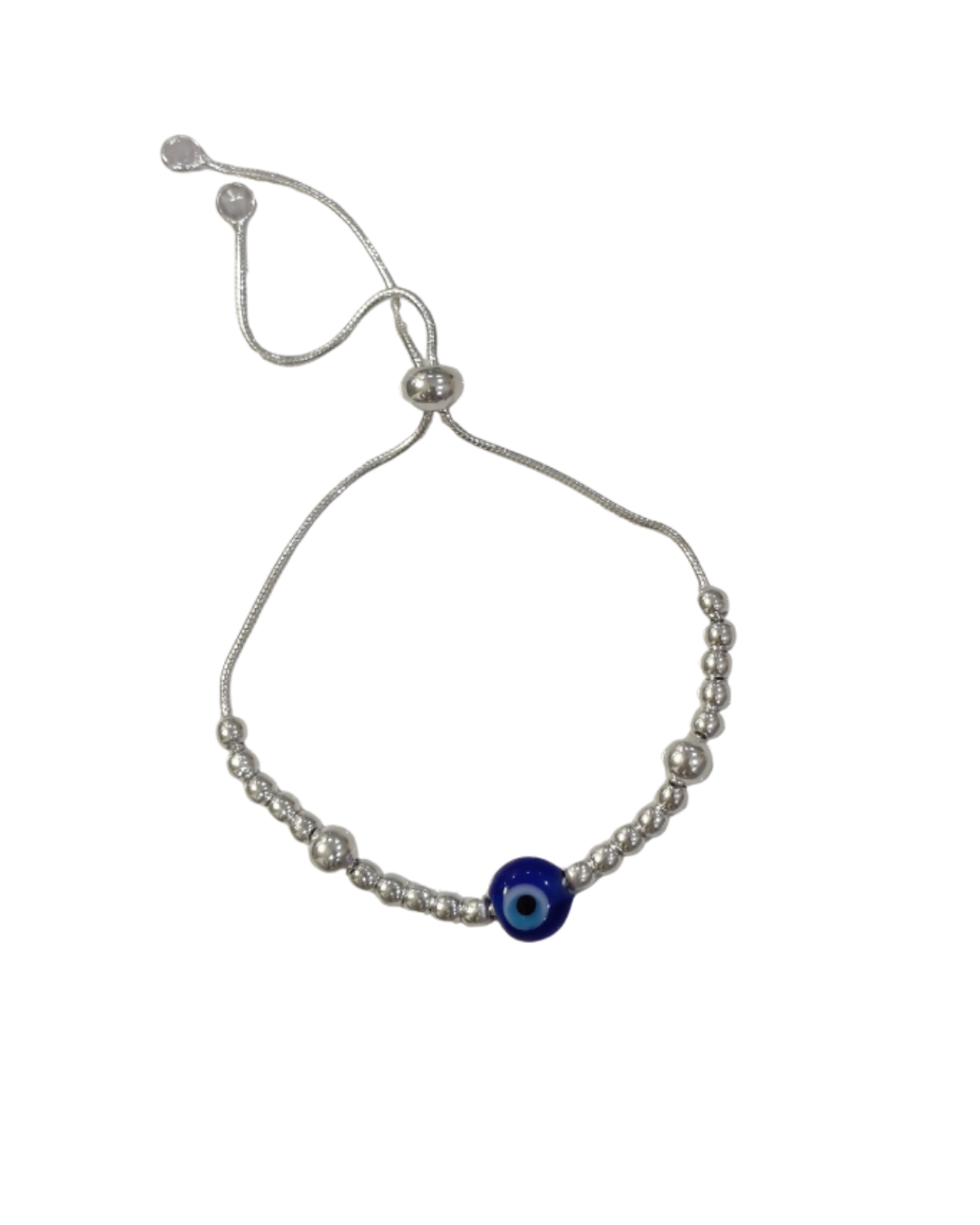 Silver bracelet with a blue evil eye bead on a white background