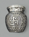 Silver urn with swastika design and measurement label on a white background